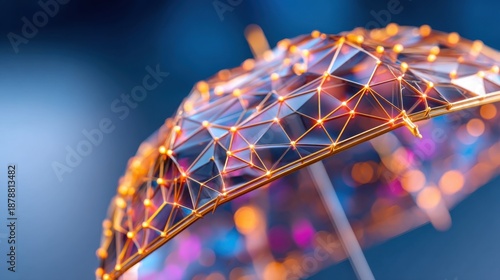 Cybersecurity concept, abstract digital shield made of glowing polygons and data lines, protecting the center, dark blue background, matrix style rain