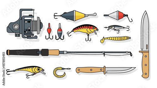 Fishing gear collection including a reel rod lures and knives