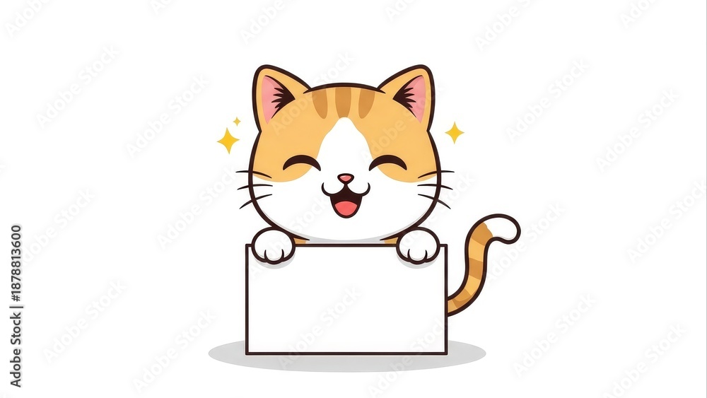 Fototapeta premium Cute cartoon cat character holding a blank white sign or banner with a cheerful, smiling expression, isolated on white background.