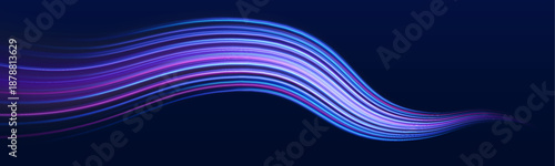 Neon blue, purple laser streaks twist along a city road at night. Glowing wave trails, motion swirls, and energy lines depict futuristic high-speed traffic in the dark. Vector illustration.