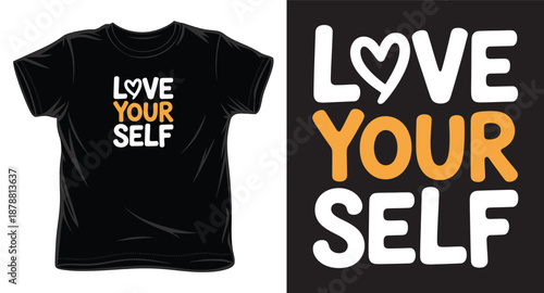 Love yourself t shirt design outline heart typography slogan inspirational quote graphic tee print vector illustration