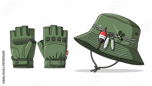 Fishing gear gloves and hat with lures and bobbers