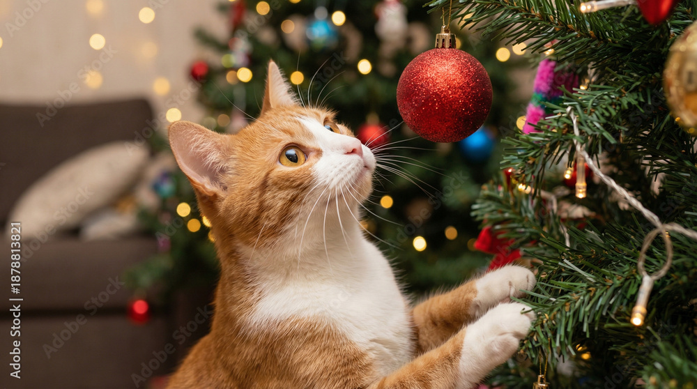 Obraz premium Cat playing with hanging ornament near Christmas tree indoors 