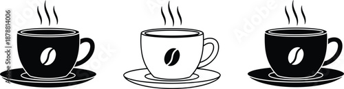 Hot coffee cup icon set, steaming espresso mug symbols with saucer, black silhouette café drink flat vector illustration
