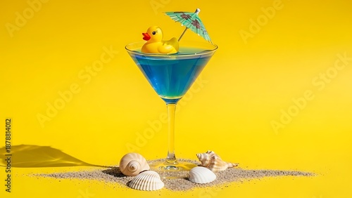 Rubber Duck in Martini Glass with Blue Drink and Beach Elements cocktail