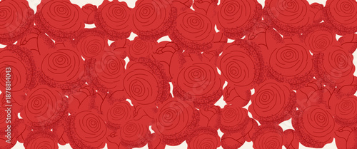 Red rose background with stylized flowers and textured petals, decorative backdrop perfect for Valentines Day, Mothers Day, greeting cards, posters and romantic design projects