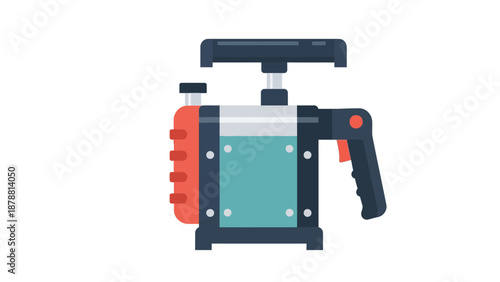 Flat illustration of a red and teal manual pressure pump with a black handle
