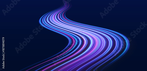 Glowing neon blue, purple laser streaks twist along a city highway at night. Motion lines, energy waves, and trail swirls highlight dynamic traffic flow in the dark. Vector illustration.