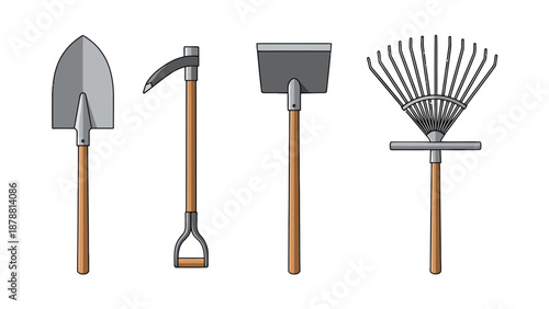 Four garden tools shovel scythe dustpan and rake