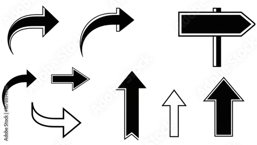 Collection of various black and white arrows and a signpost pointing in different directions