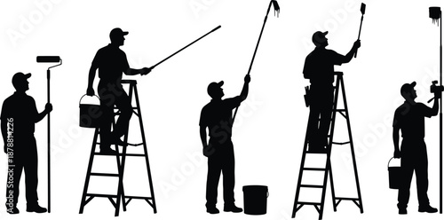 House painting worker silhouettes with ladders rollers brushes professional painters working exterior interior renovation maintenance illustration set