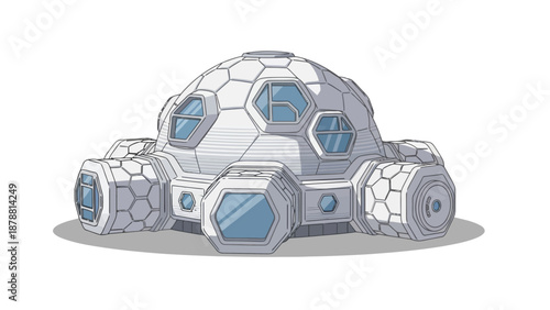 Futuristic hexagonal geodesic dome building with blue windows