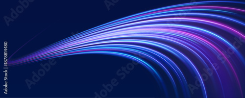 Neon blue laser streaks twist along city roads in the dark at night. Motion lines, glowing wave trails, and energy swirls illustrate futuristic traffic flow and speed. Vector illustration.