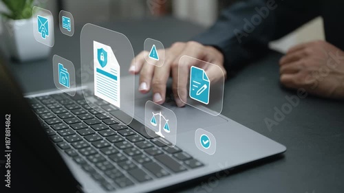 Business professional managing digital documents under data protection policy. Privacy compliance, information security, regulatory control and governance framework in modern digital business systems.