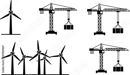 Industrial construction and renewable energy silhouettes, tower cranes lifting materials, wind turbines power generation, infrastructure development concept, black icons isolated