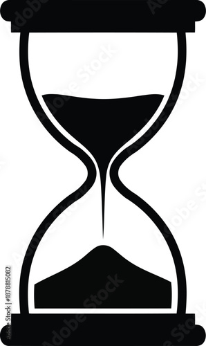 Iconic illustration representing passage of time with an antique hourglass nearly half completed black silhouette symbol