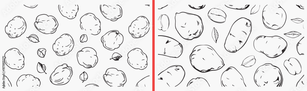 Fototapeta premium potato illustration drawing, hand drawn potato sketches, black and white vegetable art, root vegetable doodles, organic food illustration, farm produce artwork, vegetable icon collection