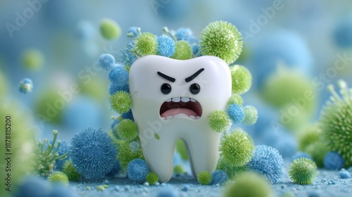 Cartoon tooth character angrily surrounded by colorful germs in a playful dental illustration