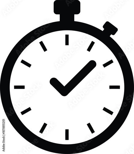 Black stopwatch icon with a checkmark inside indicating success or completion of a task or timer