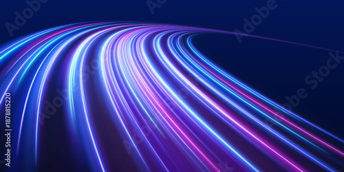 Neon blue laser streaks twist along city roads in the dark at night. Motion lines, glowing wave trails, and energy swirls illustrate futuristic traffic flow and speed. Vector illustration.