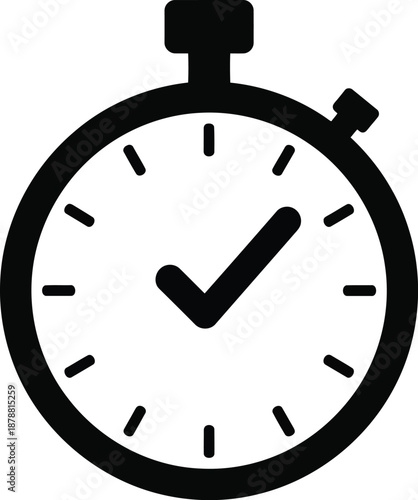Stopwatch time clock with check mark icon vector black silhouette isolated on transparent background timer symbol for completed task