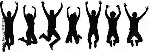 Jumping people silhouettes, happy men women jumping poses, celebration energy action, black human silhouette illustration set