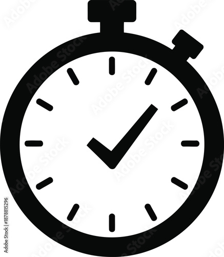 Stopwatch time clock with check mark icon vector black silhouette isolated on transparent background timer symbol for completed task