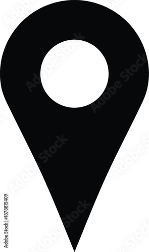 Black silhouette of a location pin with a hole in center signifying a point on a map on transparent background
