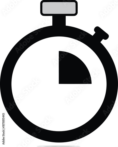 Black silhouette of stopwatch displaying quarter of an hour on its dial on transparent background