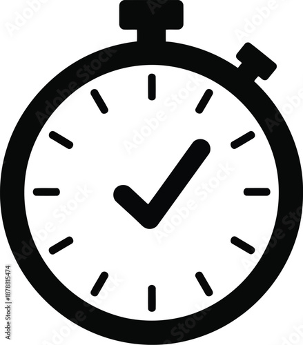 Black silhouette of stopwatch with a checkmark on its dial indicating task completion on transparent background