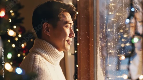 Man in white turtleneck standing by window with Christmas lights