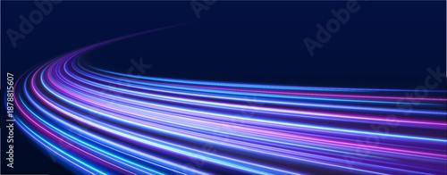Futuristic neon laser lines flow along city streets in the dark. Glowing motion trails, energy waves, and swirling lines illustrate dynamic speed and traffic flow at night. Vector illustration.