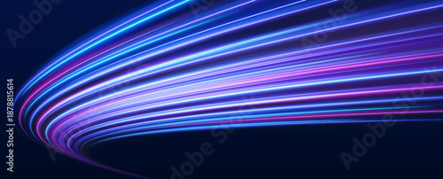 Futuristic blue neon laser lines ripple along urban streets at night. Motion purple trails, glowing energy waves, and swirling lines illustrate dynamic traffic speed in the dark. Vector illustration.
