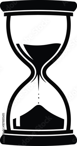 Black hourglass icon with sand flowing down, time measurement symbol, classic sand timer, old instrument for counting