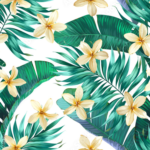 Seamless tropical pattern with flowers, plants. Paradise background, Hawaiian pattern.