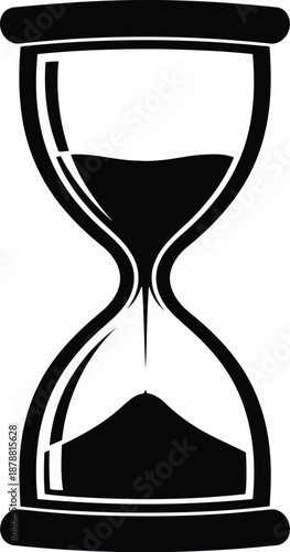 Black hourglass with sand flowing from top bulb to bottom bulb symbolizing passing time measurement and waiting period on transparent background