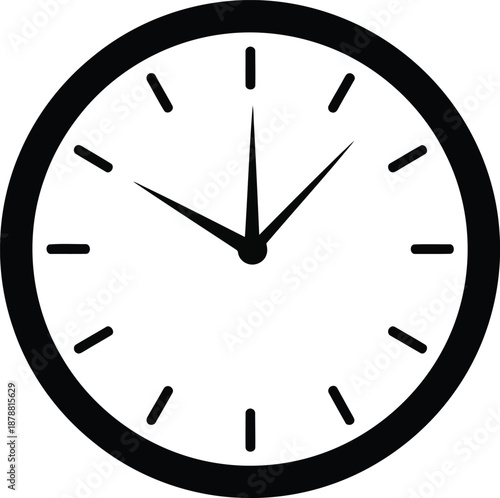 Black clock face with hour and minute hands showing time indicating punctuality and appointment schedule on transparent background