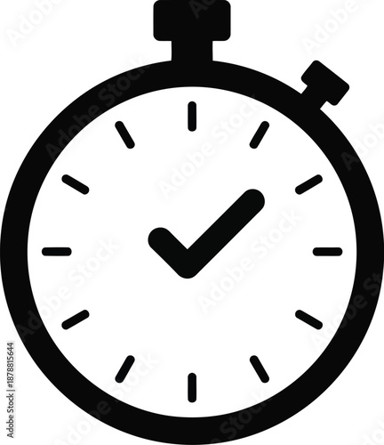 Black stopwatch with check mark showing completion and success in time measurement indicating task finished with accuracy on transparent