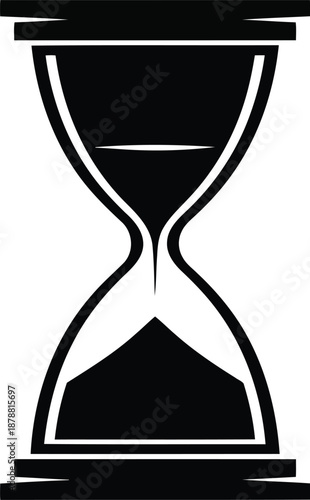 Minimalist black icon of sand timer with approximately equal amounts of material in both upper and lower containers for duration