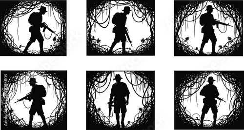 Jungle soldier silhouettes with rifle, military patrol in tropical forest, combat mission scenes, survival and warfare concept, isolated black illustration