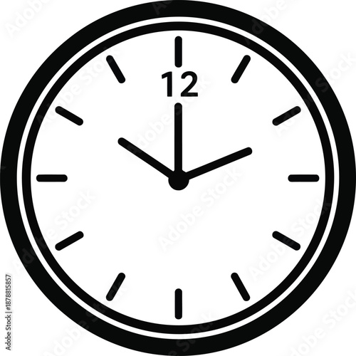 Classic analog clock with hour and minute hands showing time on transparent checkered background simple icon illustration