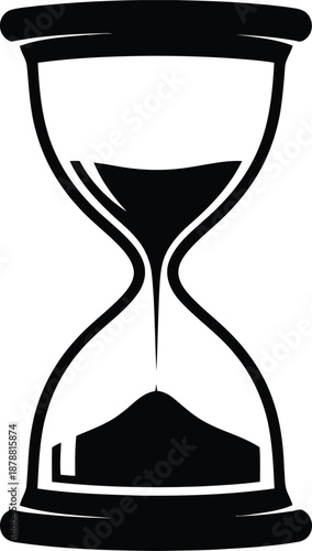 Hourglass with sand falling down illustrating passage of time simple black icon on transparent checkered background vector