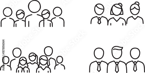 Diverse group icon set showcasing different business people and crowds in simple line art style representing teamwork community and professional settings with clean minimalist