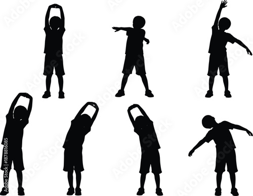 Kids stretching exercise silhouettes set, children warming up poses black vector illustration isolated on white background for fitness education design