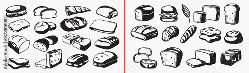 Bread Bakery Food Pattern, Fresh Baked Goods Illustration, Kitchen Food Drawing, Pastry Loaf Sketch, Breakfast Food Art, Cafe Menu Design, Bakery Product Collection

