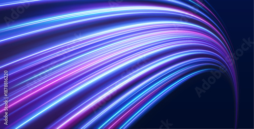 Neon blue laser lines ripple along city streets in the dark at night. Glowing purple wave trails, motion swirls, and energy lines illustrate dynamic traffic flow and speed. Vector illustration.