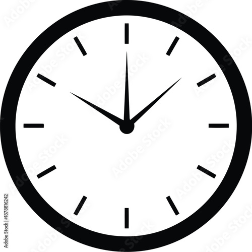 Black analog wall clock vector icon with minutes hours and seconds hands on transparent background for measurement design