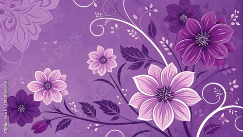 Vibrant purple flowers with white accents on elegant floral background