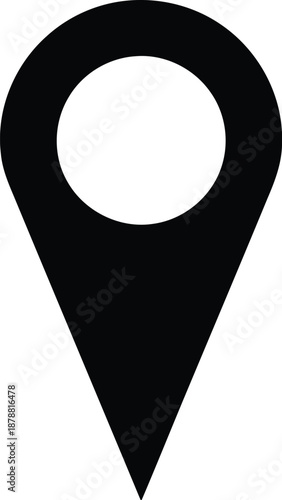 Black map pin pointer location icon symbol with circular hole in center isolated on transparent background vector element