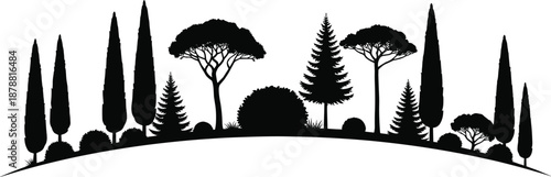 Landscape tree silhouettes panorama with conifer and deciduous forest shapes, nature scenery isolated on white background illustration